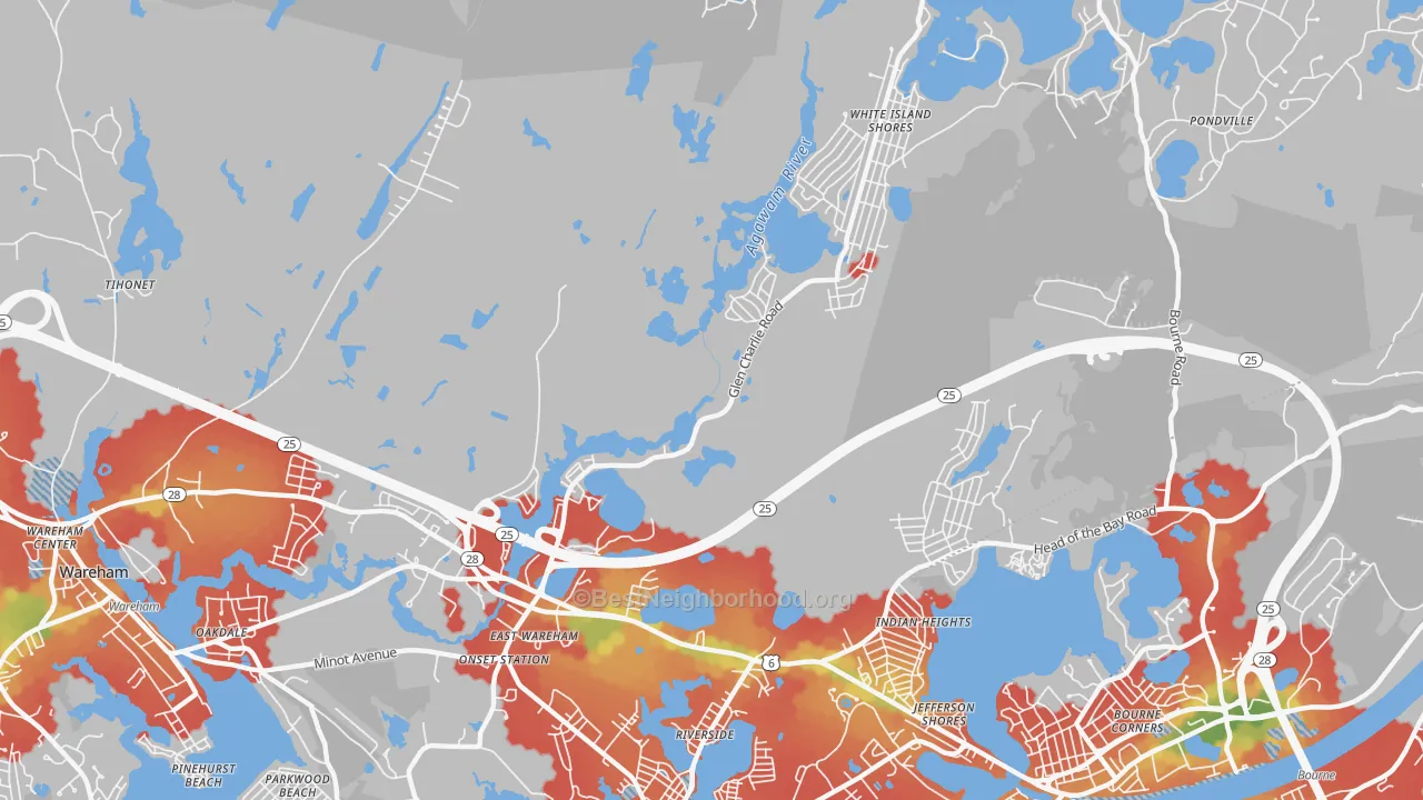 Walk Grade map of 02538, MA, walkable areas in green and car-dependent areas in red