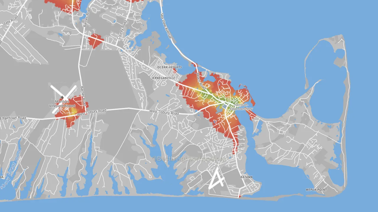 Walk Grade map of 02539, MA, walkable areas in green and car-dependent areas in red