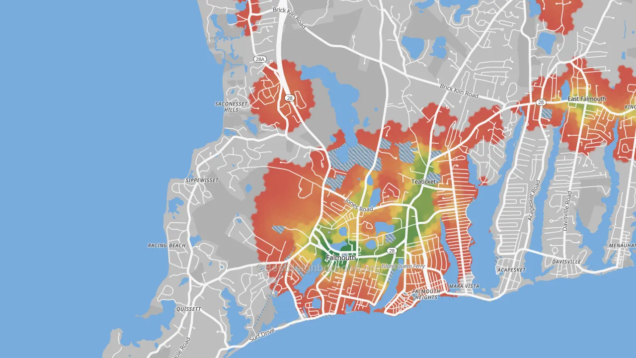 Walk Grade map of 02540, MA, walkable areas in green and car-dependent areas in red