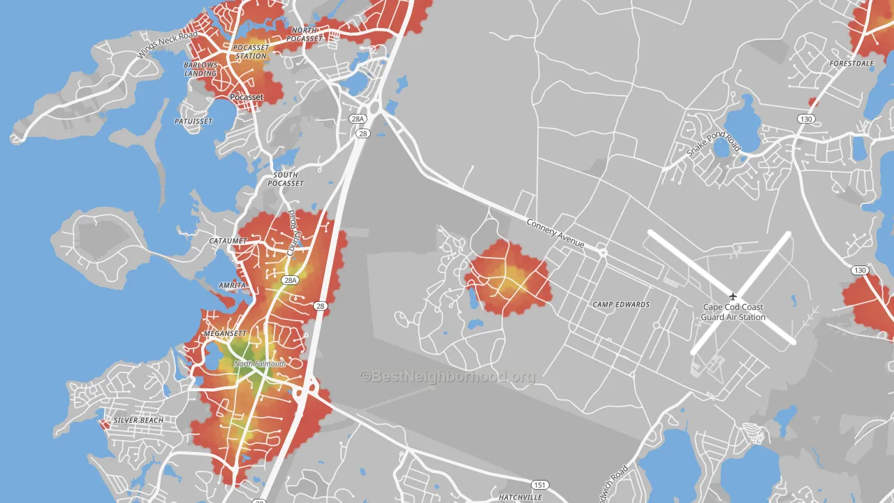 Walk Grade map of 02542, MA, walkable areas in green and car-dependent areas in red