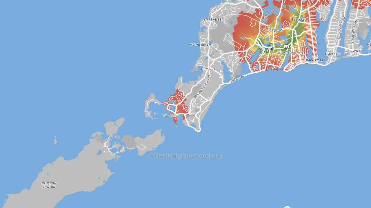 Walk Grade map of 02543, MA, walkable areas in green and car-dependent areas in red