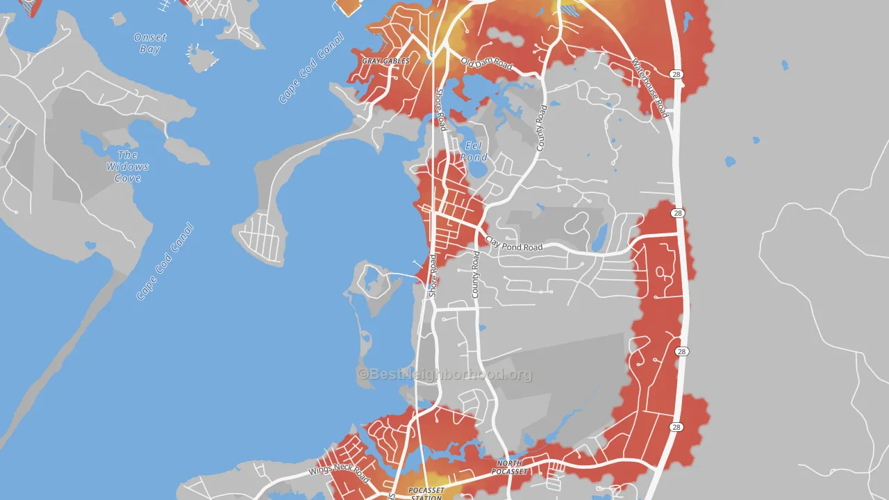 Walk Grade map of 02553, MA, walkable areas in green and car-dependent areas in red