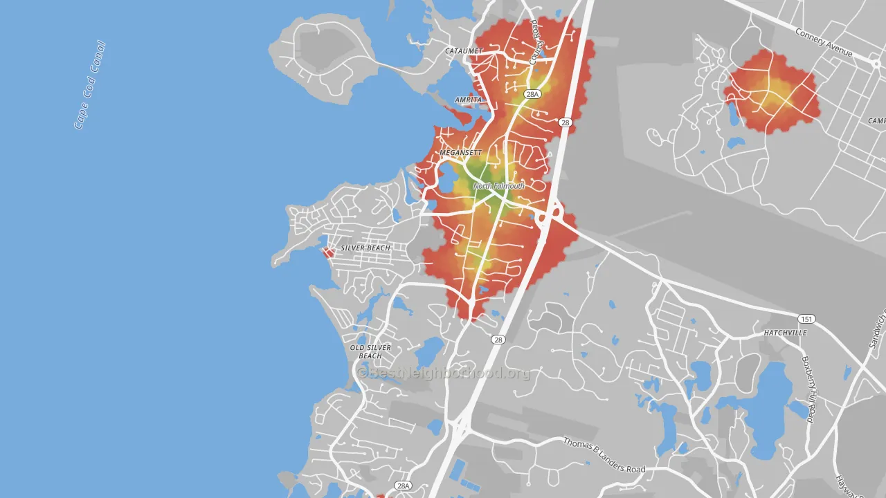 Walk Grade map of 02556, MA, walkable areas in green and car-dependent areas in red