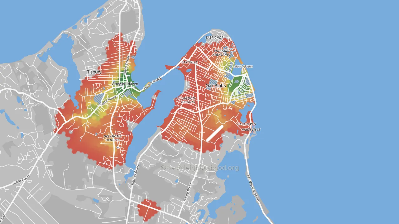 Walk Grade map of 02557, MA, walkable areas in green and car-dependent areas in red