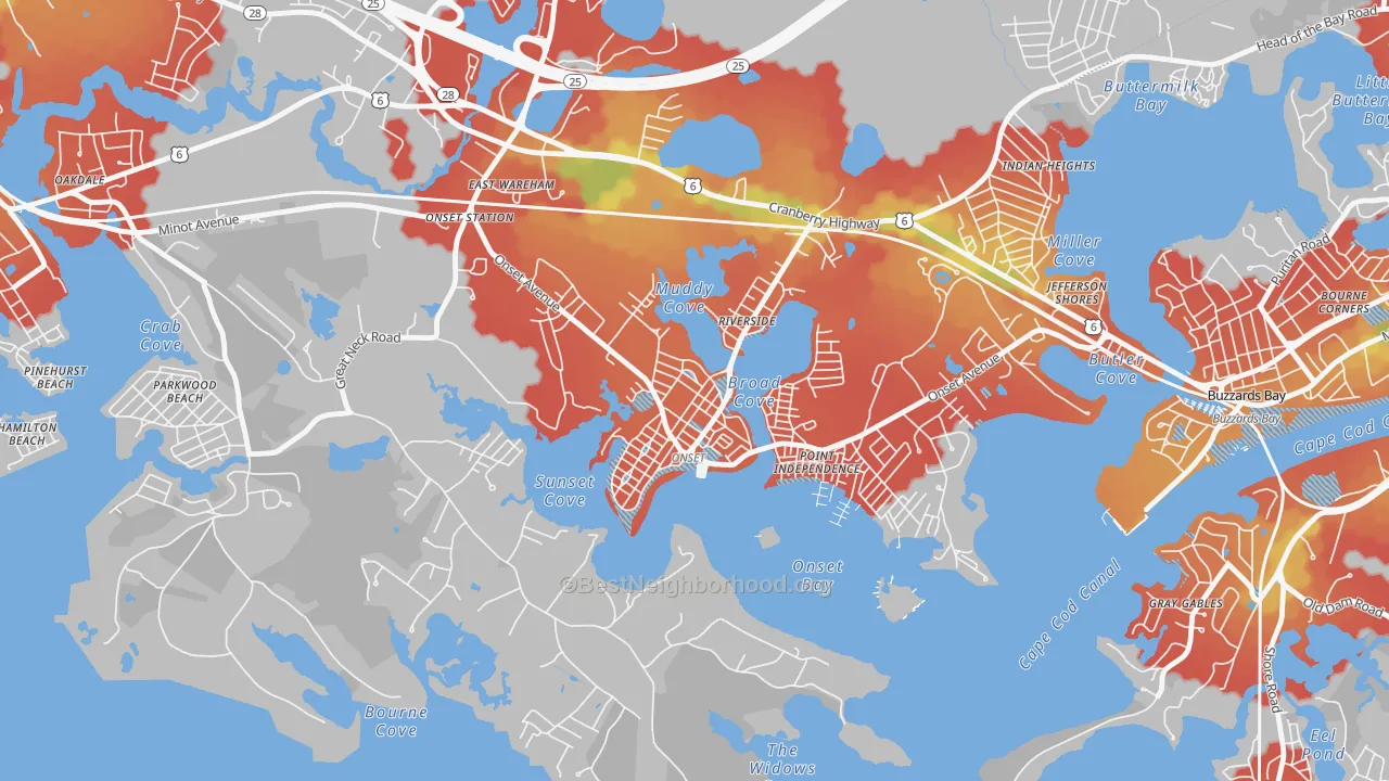 Walk Grade map of 02558, MA, walkable areas in green and car-dependent areas in red