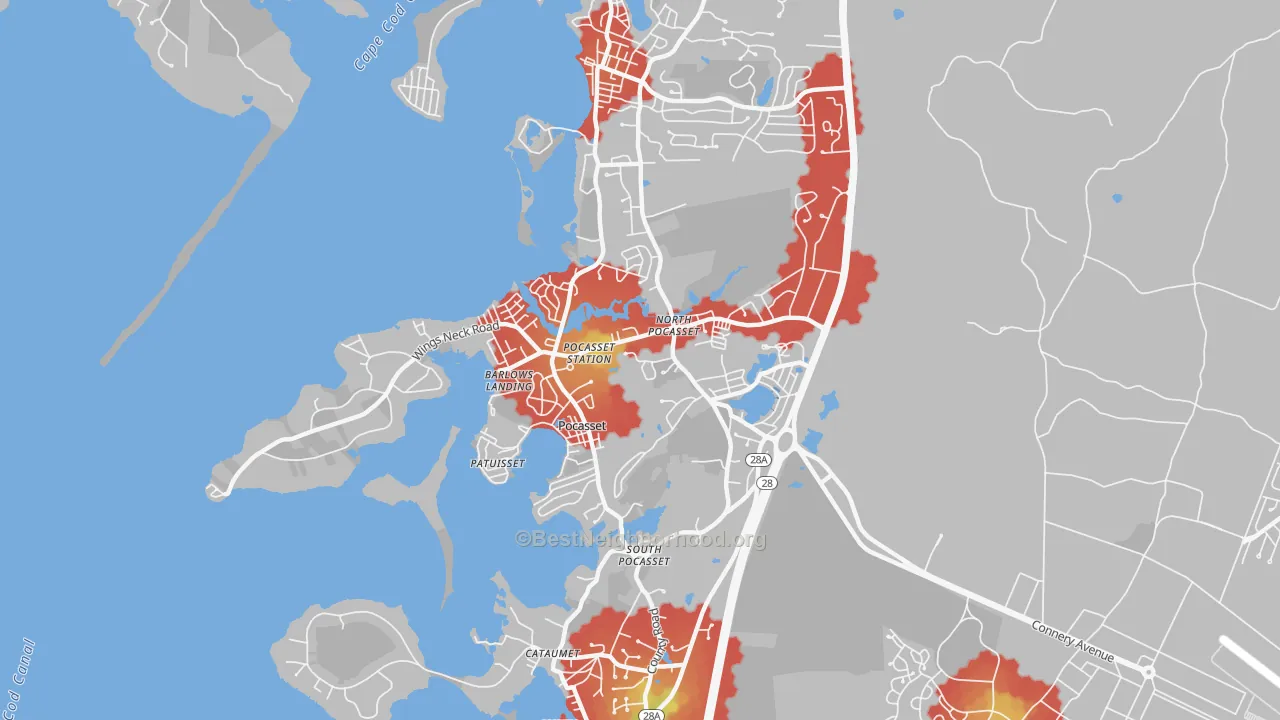 Walk Grade map of 02559, MA, walkable areas in green and car-dependent areas in red