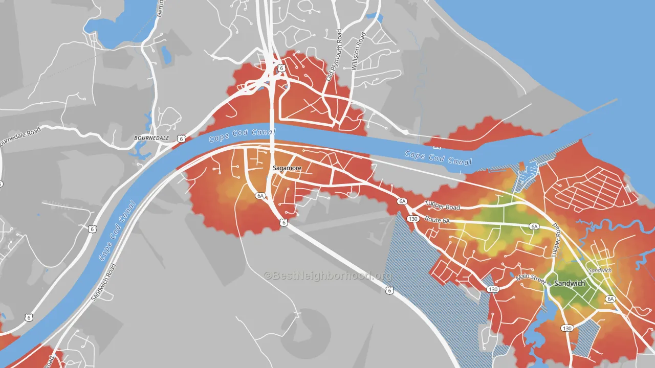Walk Grade map of 02561, MA, walkable areas in green and car-dependent areas in red