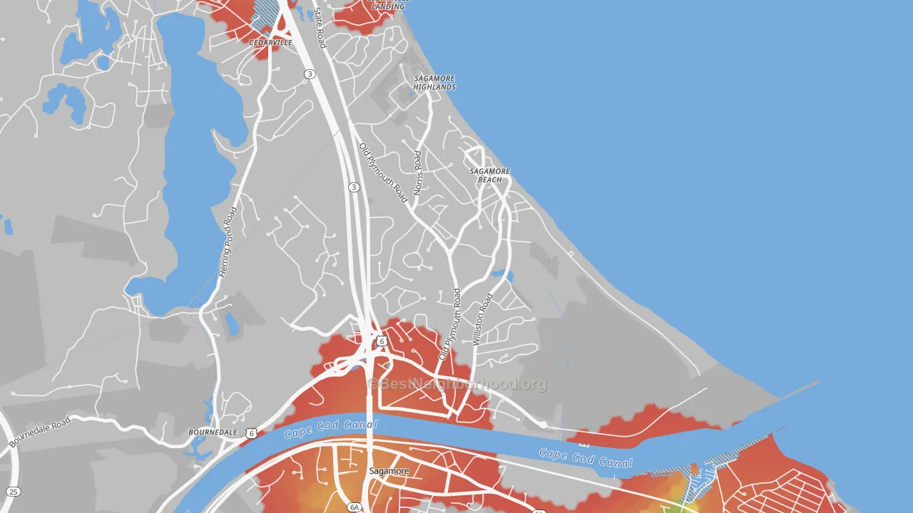 Walk Grade map of 02562, MA, walkable areas in green and car-dependent areas in red