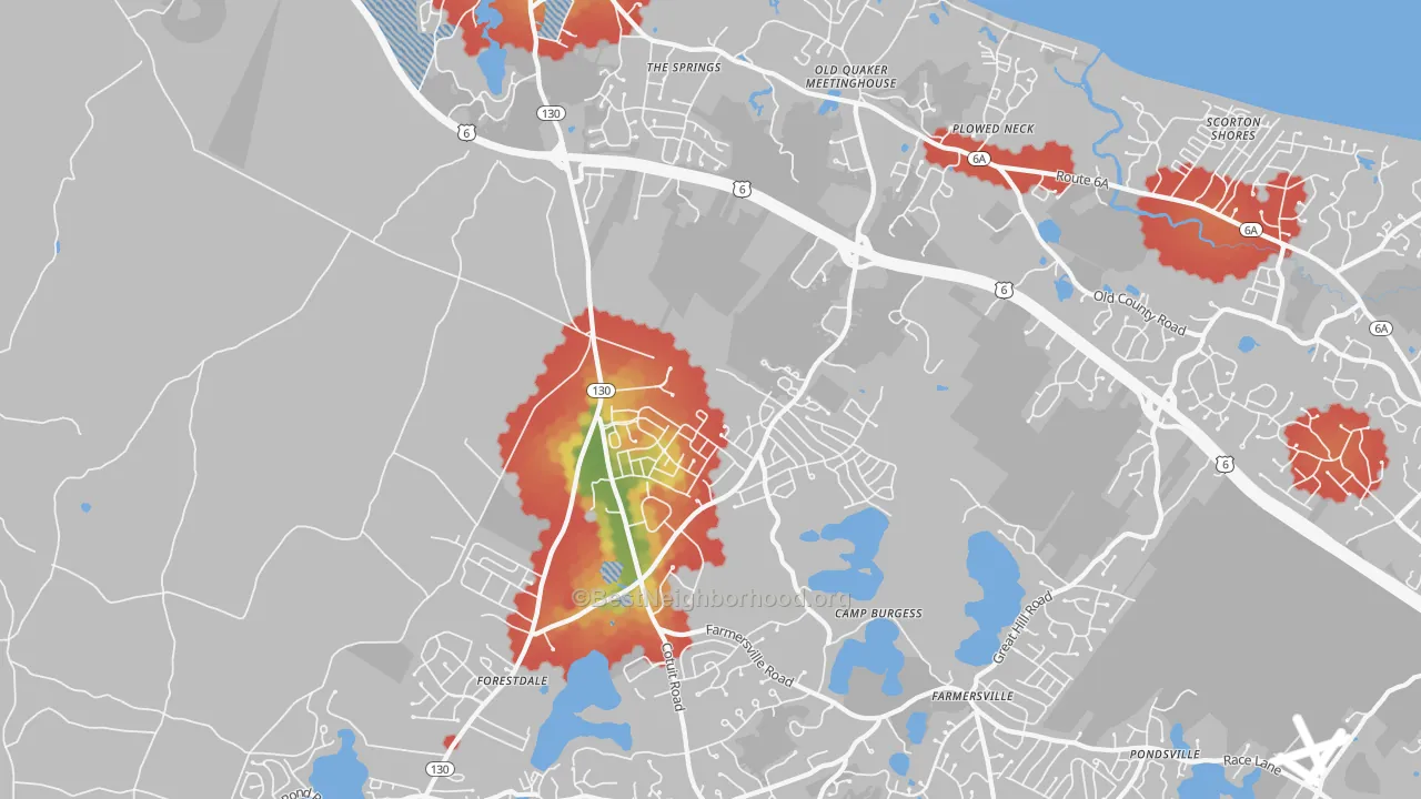 Walk Grade map of 02563, MA, walkable areas in green and car-dependent areas in red