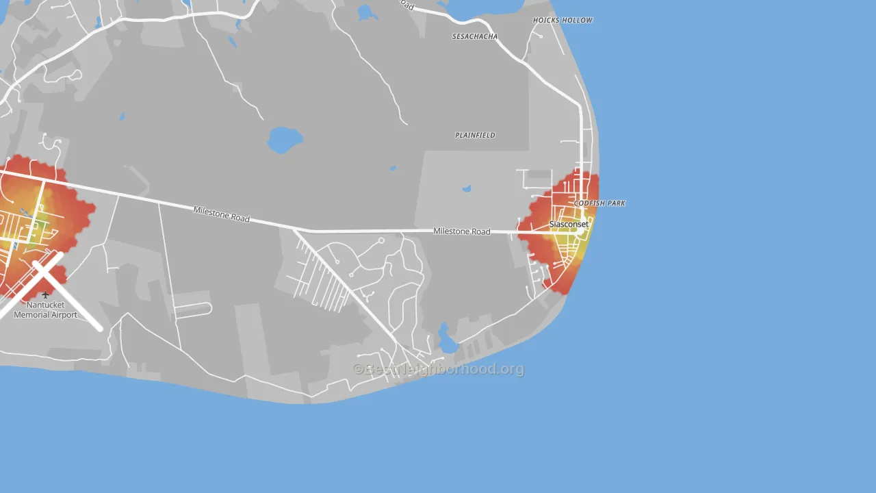 Walk Grade map of 02564, MA, walkable areas in green and car-dependent areas in red
