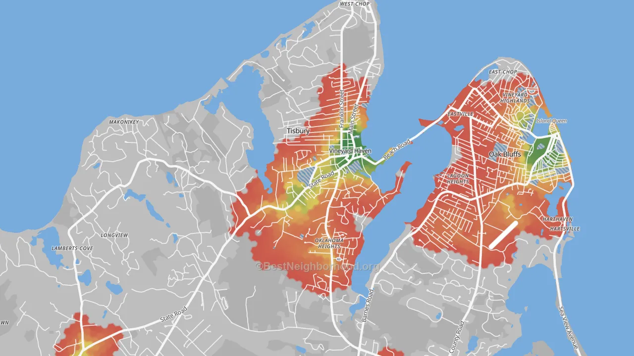 Walk Grade map of 02568, MA, walkable areas in green and car-dependent areas in red