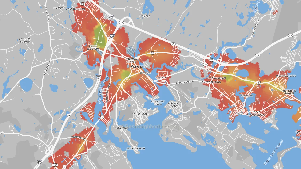 Walk Grade map of 02571, MA, walkable areas in green and car-dependent areas in red