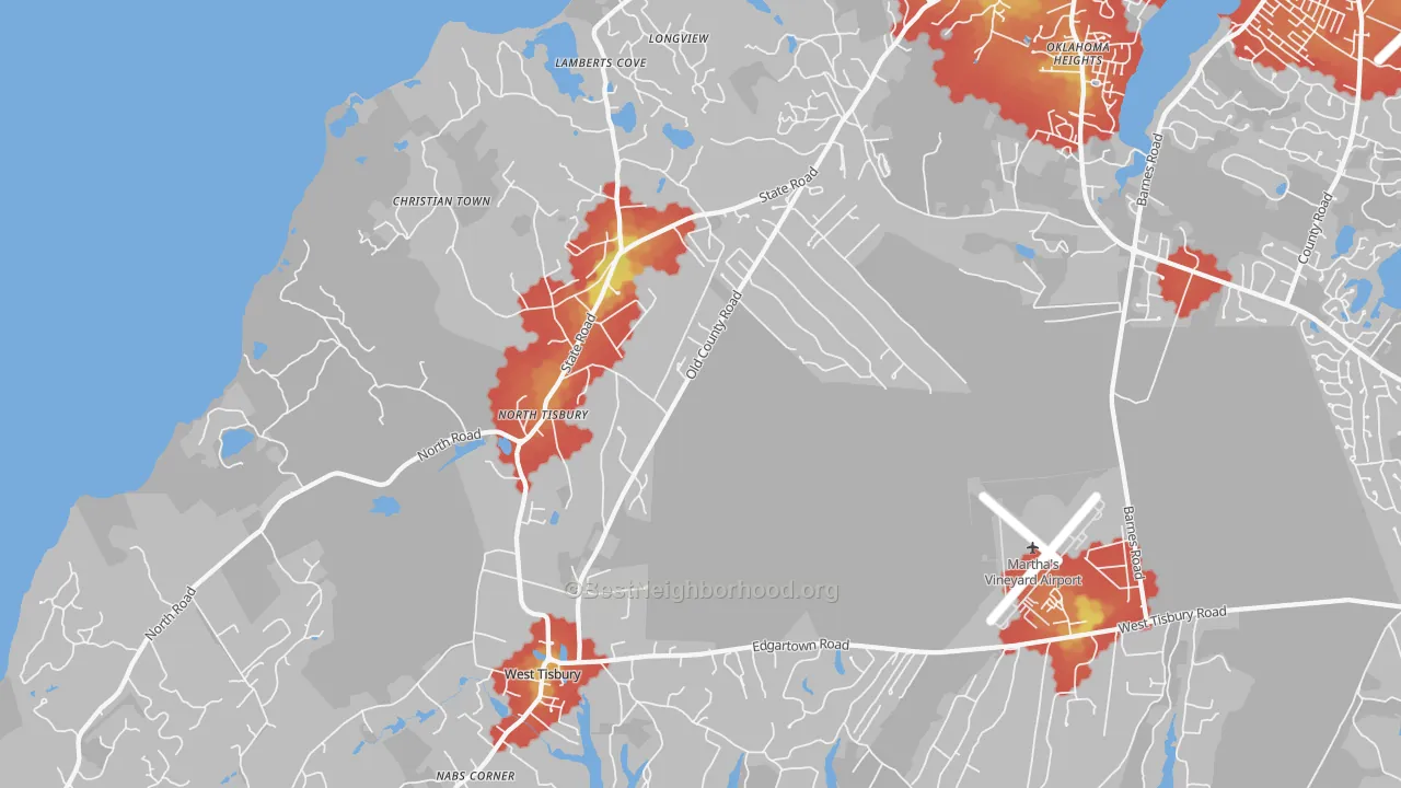 Walk Grade map of 02575, MA, walkable areas in green and car-dependent areas in red