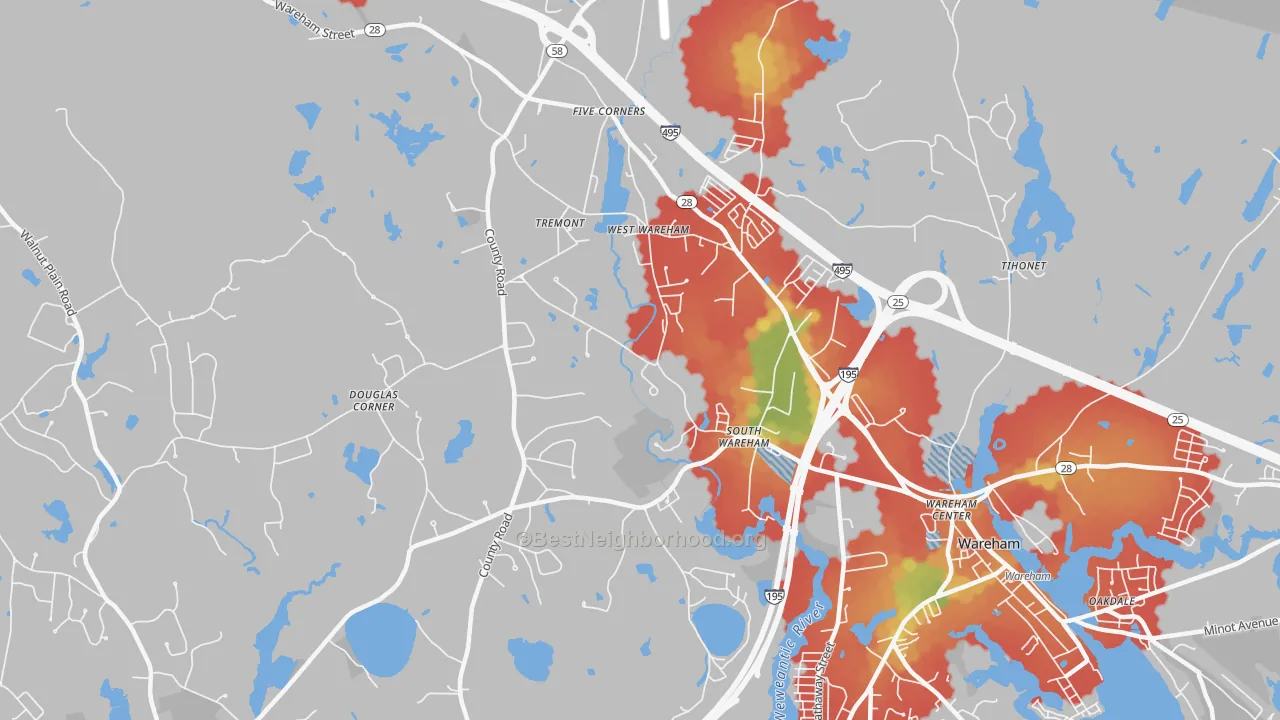 Walk Grade map of 02576, MA, walkable areas in green and car-dependent areas in red