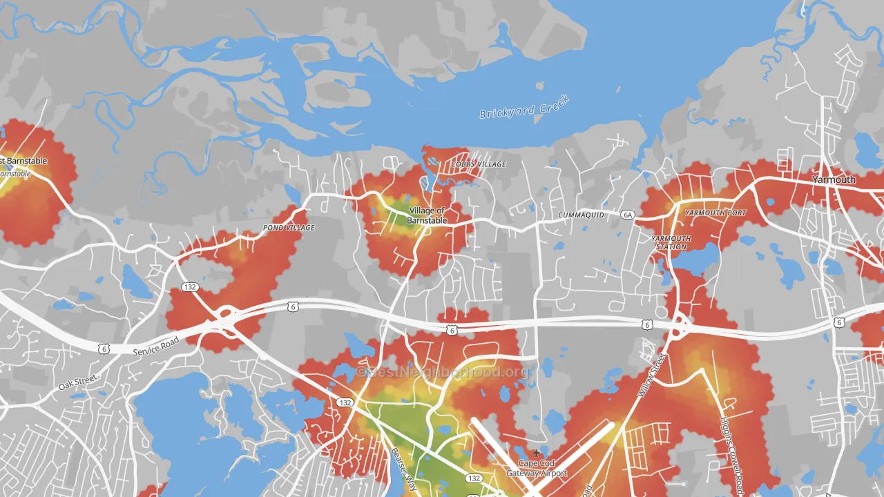 Walk Grade map of 02630, MA, walkable areas in green and car-dependent areas in red