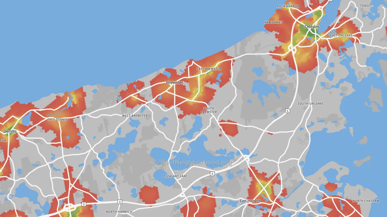 Walk Grade map of 02631, MA, walkable areas in green and car-dependent areas in red