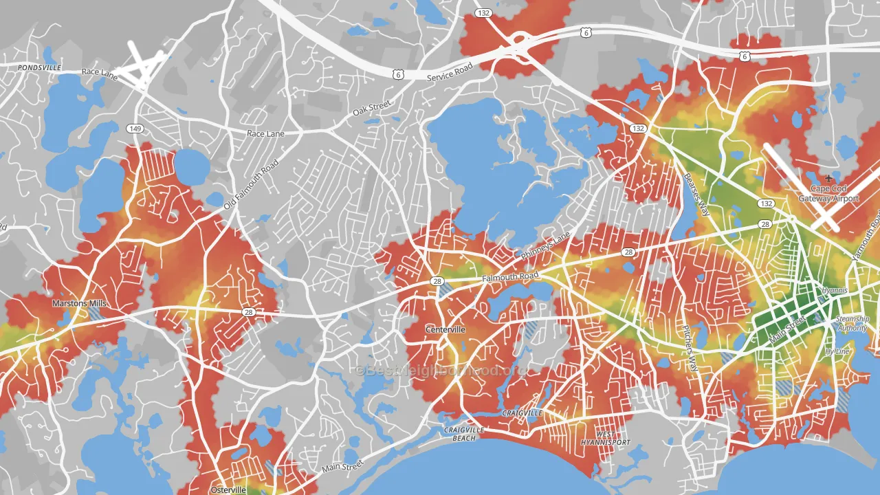 Walk Grade map of 02632, MA, walkable areas in green and car-dependent areas in red