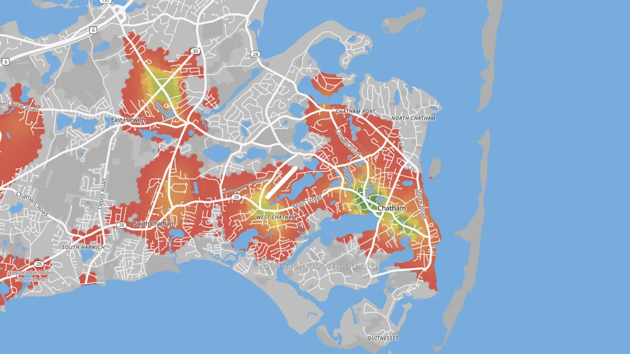 Walk Grade map of 02633, MA, walkable areas in green and car-dependent areas in red