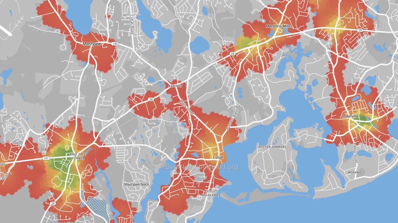 Walk Grade map of 02635, MA, walkable areas in green and car-dependent areas in red