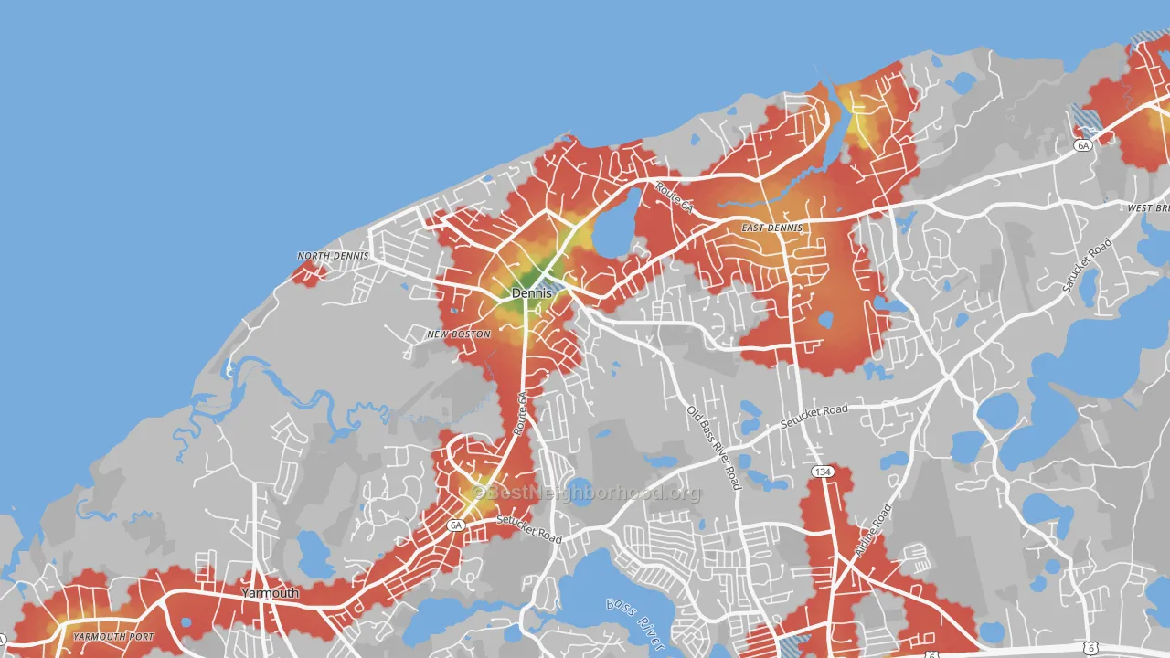 Walk Grade map of 02638, MA, walkable areas in green and car-dependent areas in red