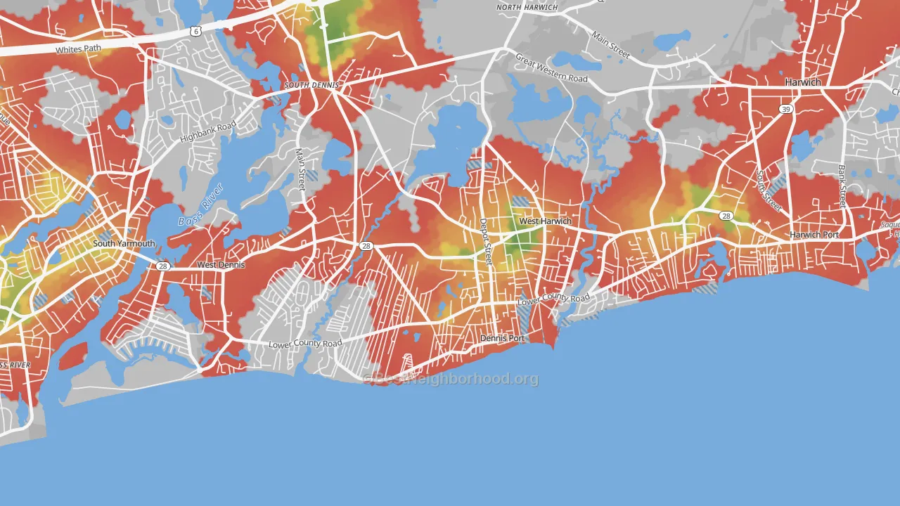Walk Grade map of 02639, MA, walkable areas in green and car-dependent areas in red