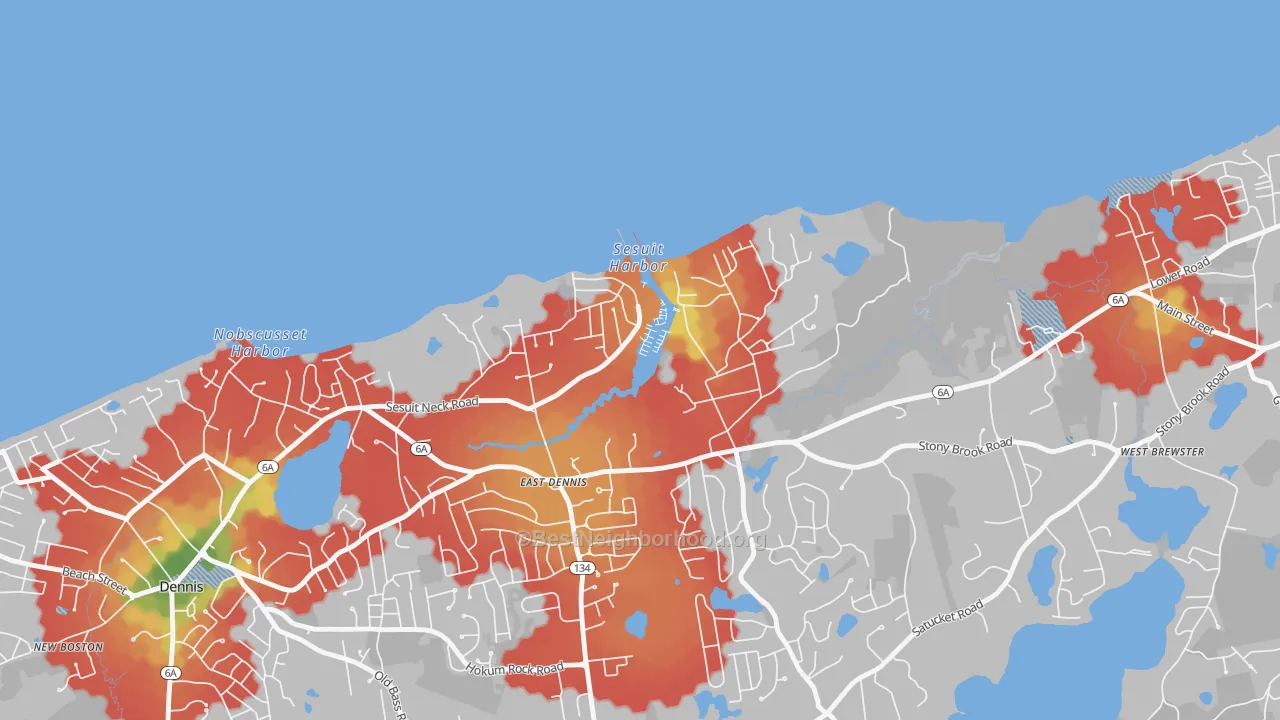 Walk Grade map of 02641, MA, walkable areas in green and car-dependent areas in red