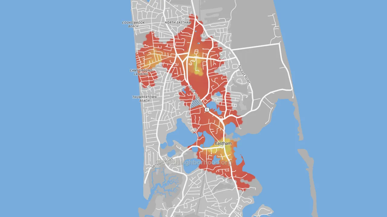 Walk Grade map of 02642, MA, walkable areas in green and car-dependent areas in red