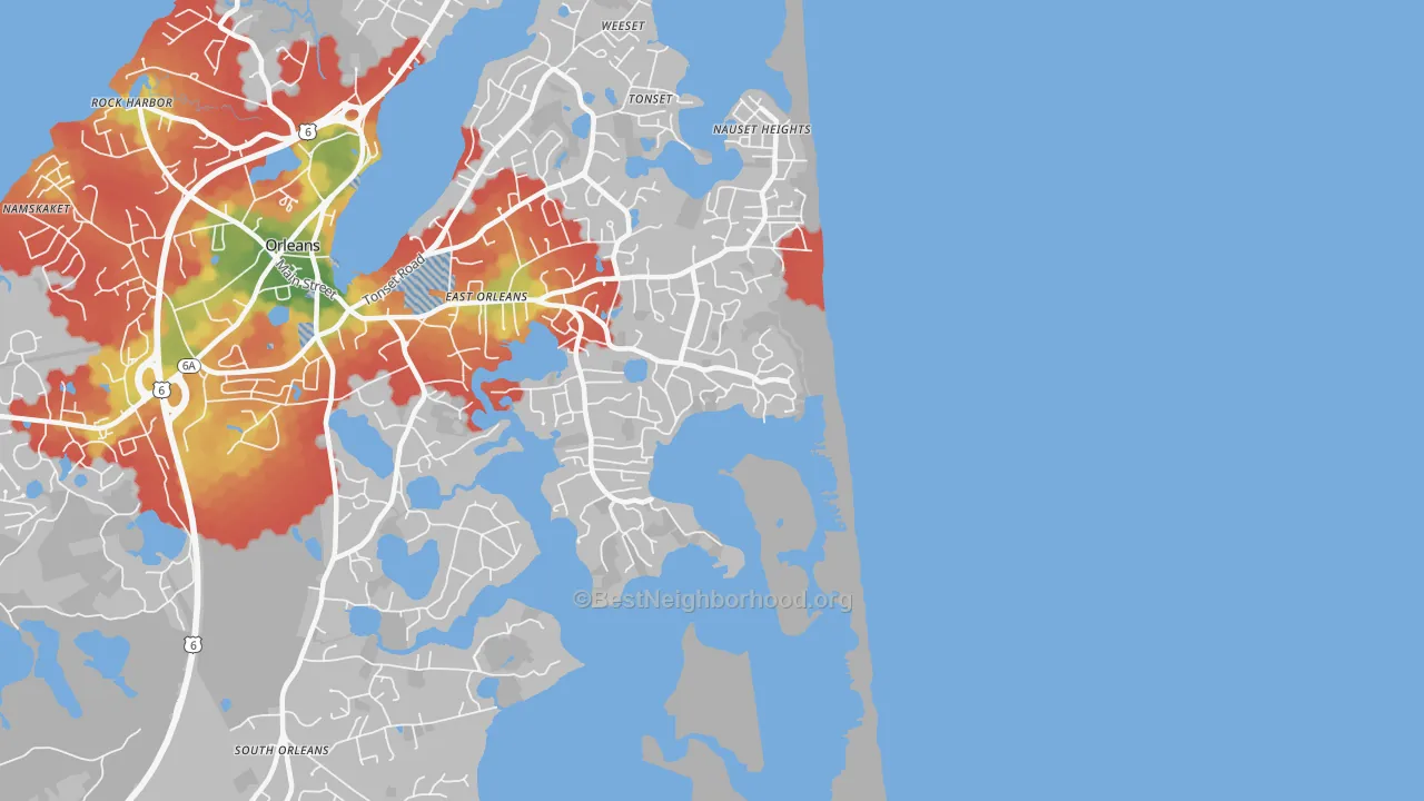 Walk Grade map of 02643, MA, walkable areas in green and car-dependent areas in red