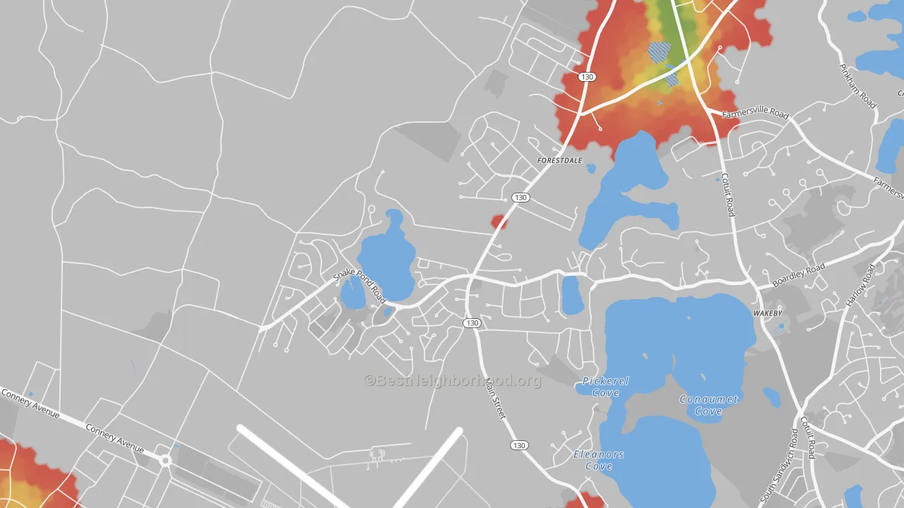 Walk Grade map of 02644, MA, walkable areas in green and car-dependent areas in red