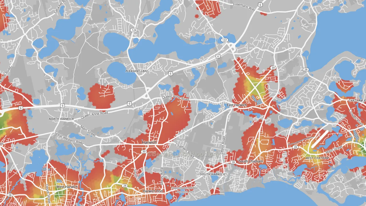 Walk Grade map of 02645, MA, walkable areas in green and car-dependent areas in red