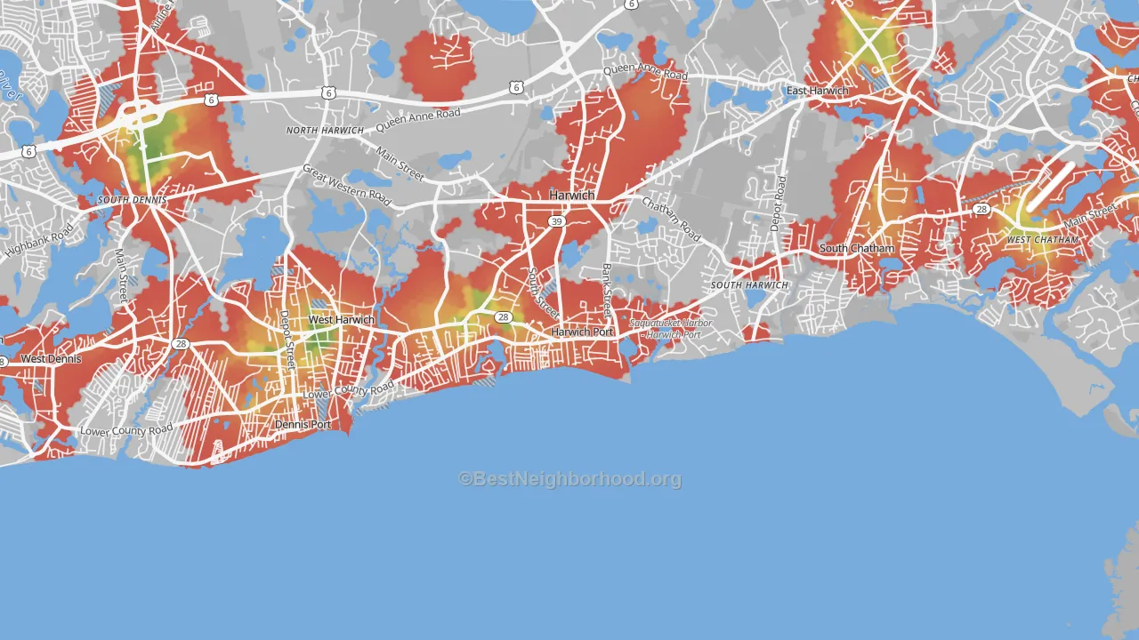 Walk Grade map of 02646, MA, walkable areas in green and car-dependent areas in red