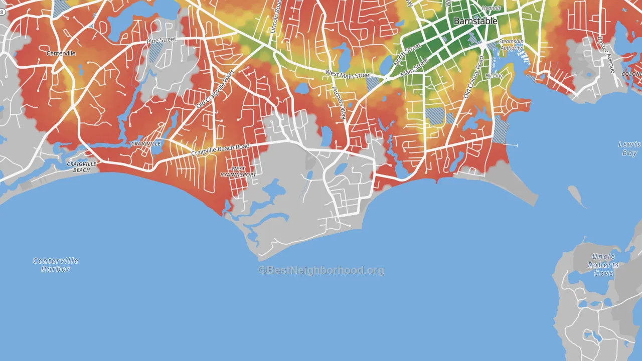 Walk Grade map of 02647, MA, walkable areas in green and car-dependent areas in red