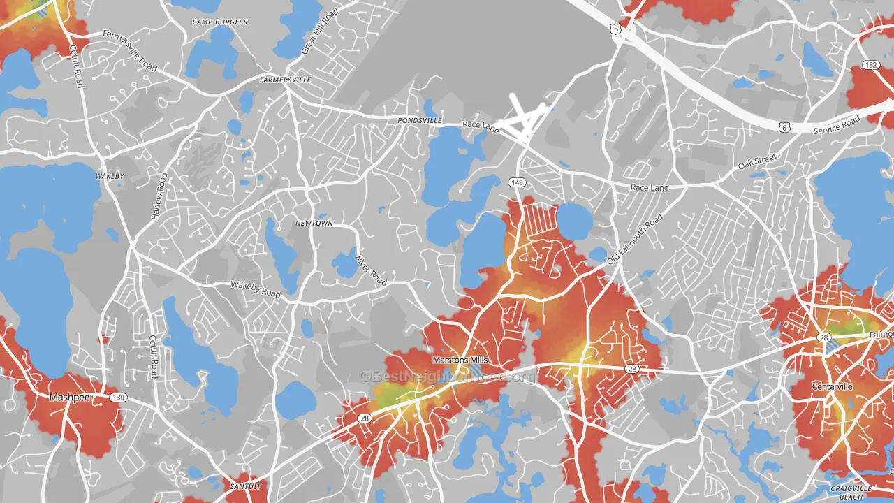 Walk Grade map of 02648, MA, walkable areas in green and car-dependent areas in red