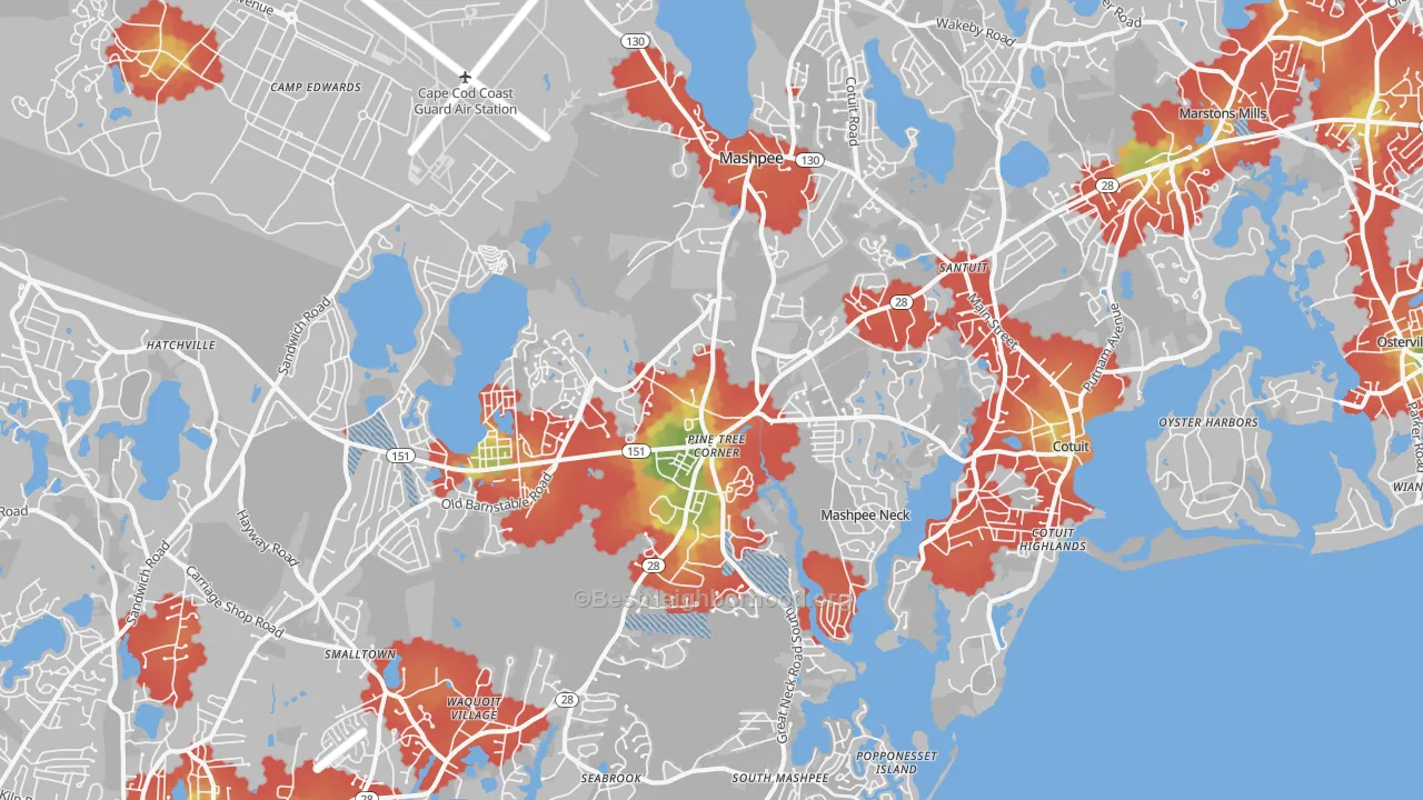 Walk Grade map of 02649, MA, walkable areas in green and car-dependent areas in red