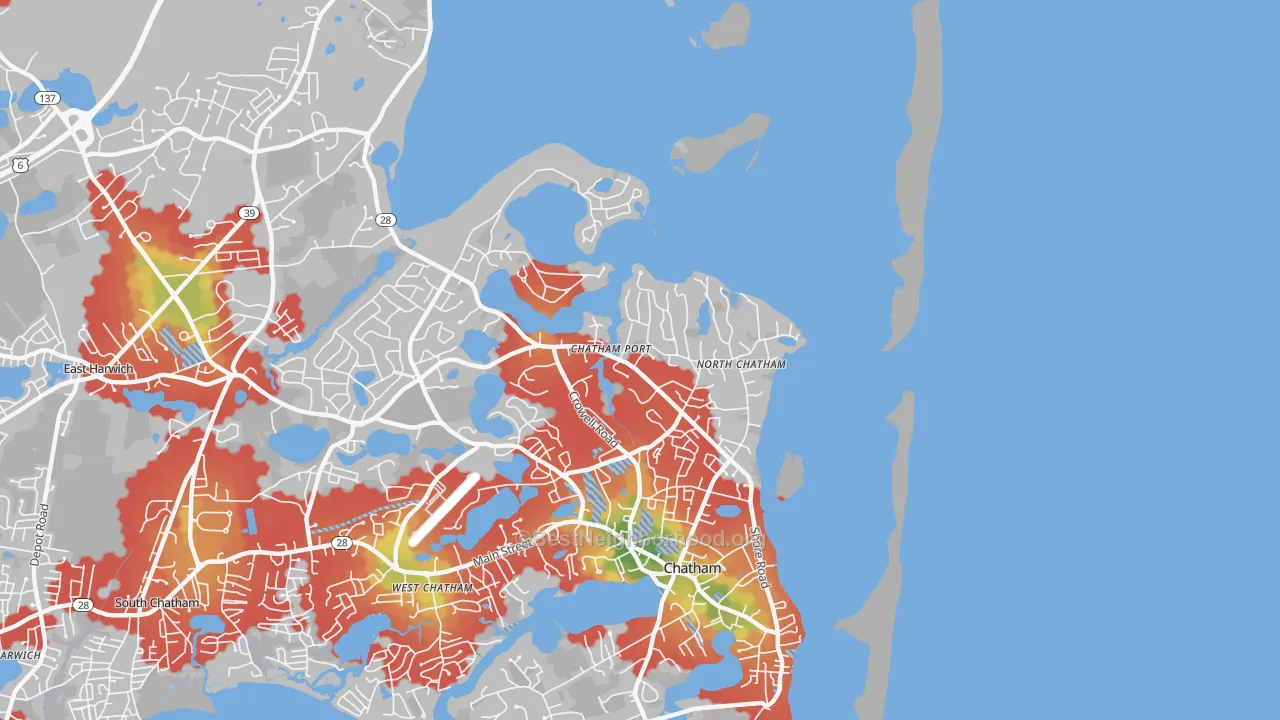 Walk Grade map of 02650, MA, walkable areas in green and car-dependent areas in red