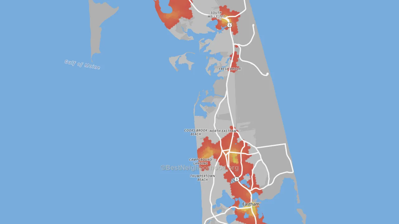 Walk Grade map of 02651, MA, walkable areas in green and car-dependent areas in red