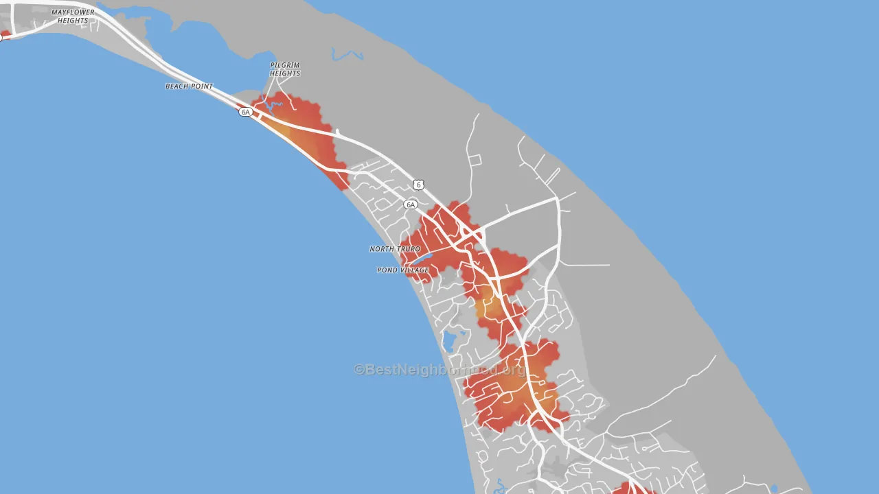 Walk Grade map of 02652, MA, walkable areas in green and car-dependent areas in red