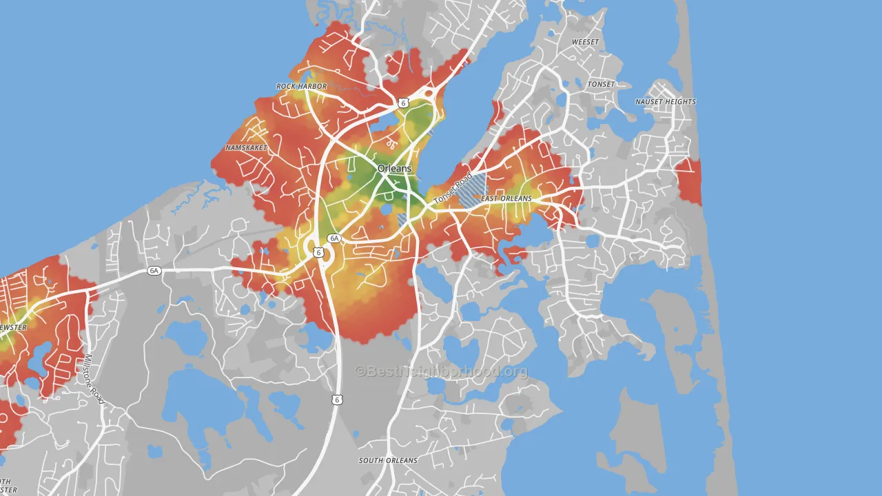 Walk Grade map of 02653, MA, walkable areas in green and car-dependent areas in red