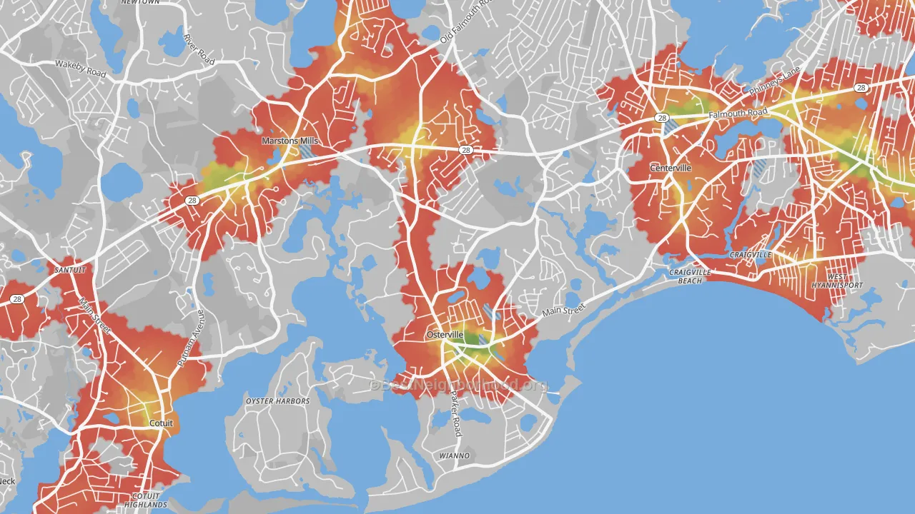 Walk Grade map of 02655, MA, walkable areas in green and car-dependent areas in red