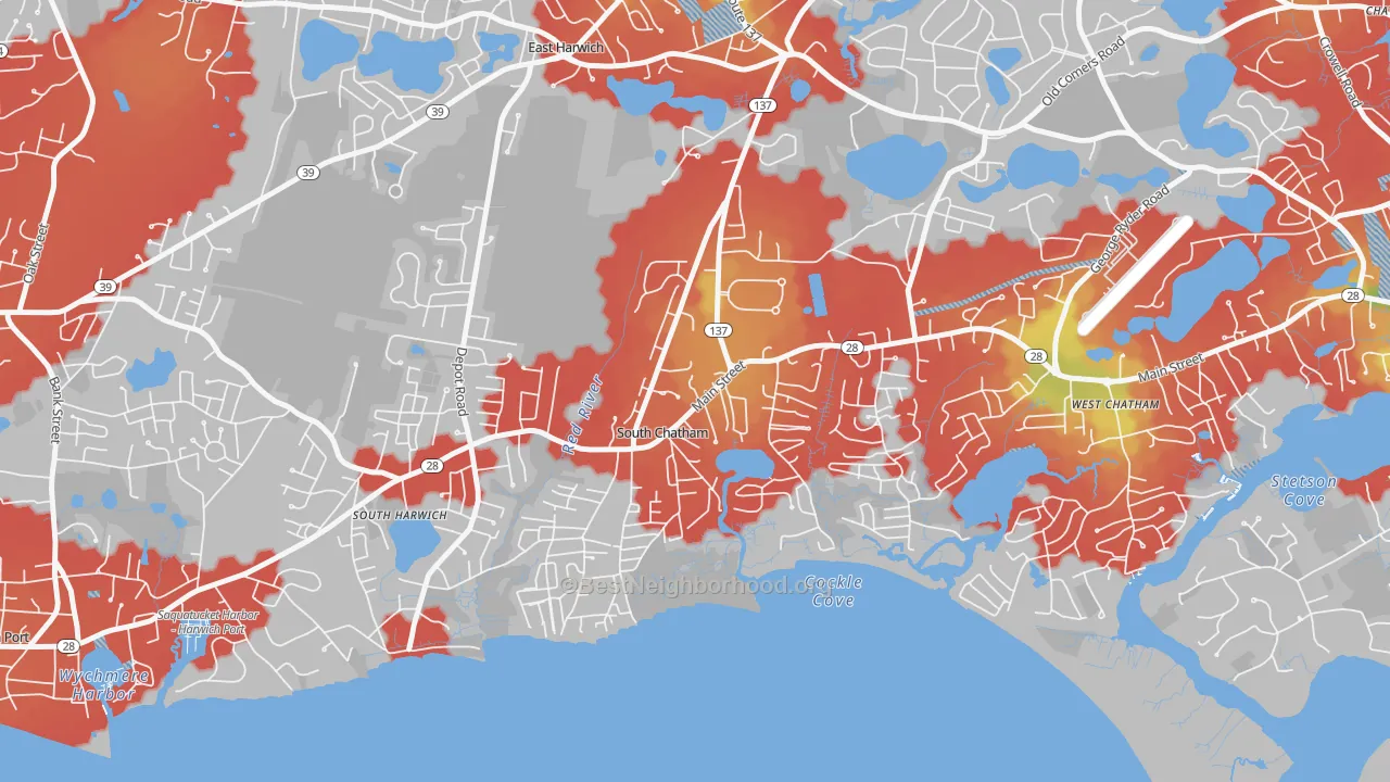 Walk Grade map of 02659, MA, walkable areas in green and car-dependent areas in red