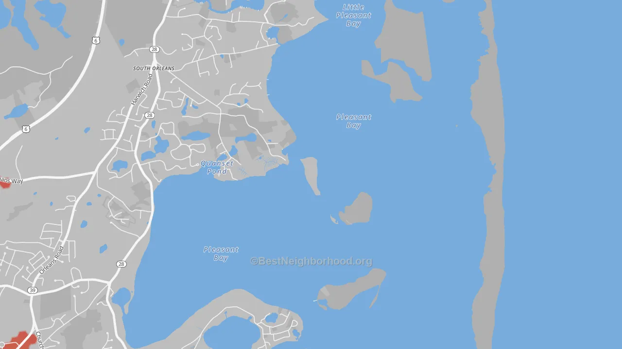 Walk Grade map of 02662, MA, walkable areas in green and car-dependent areas in red