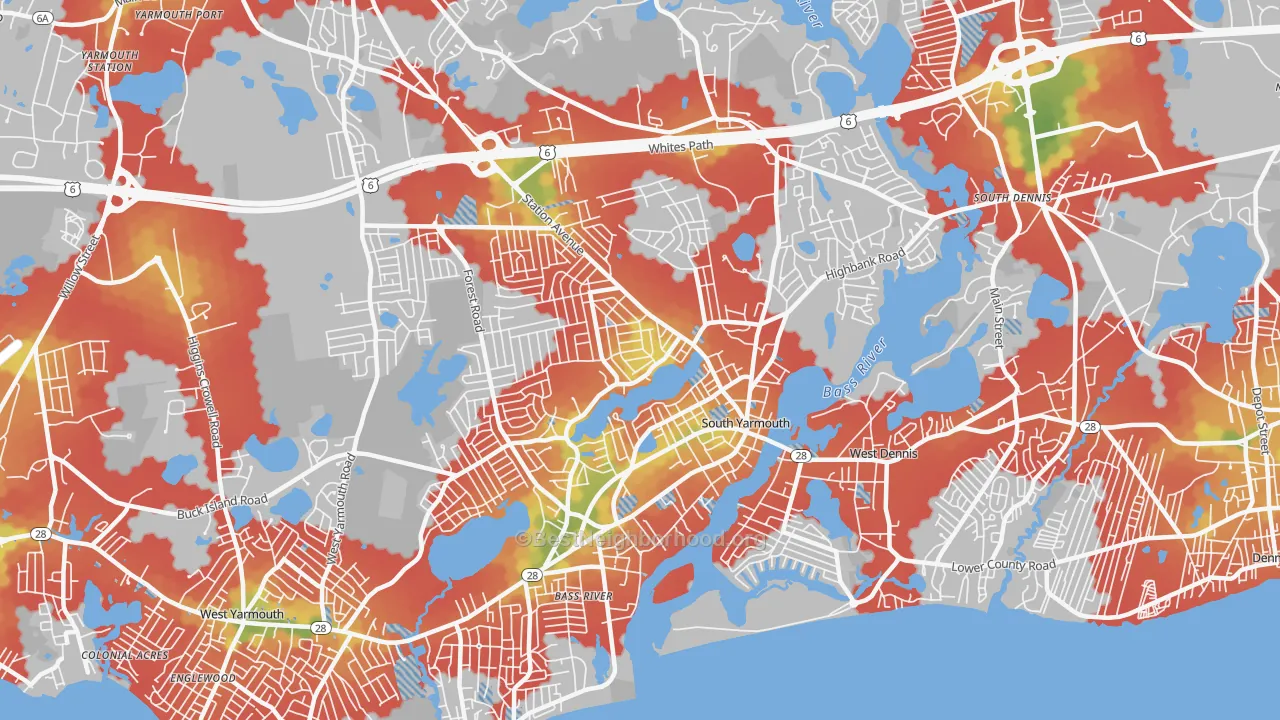 Walk Grade map of 02664, MA, walkable areas in green and car-dependent areas in red