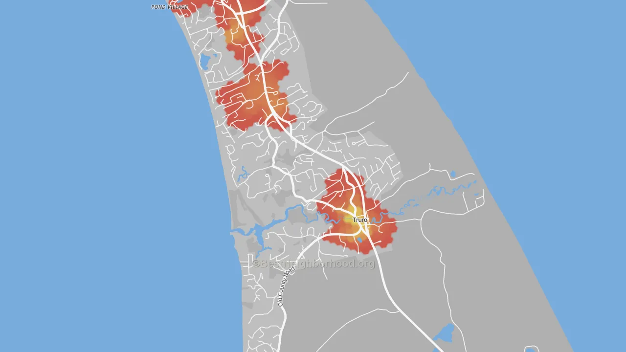 Walk Grade map of 02666, MA, walkable areas in green and car-dependent areas in red