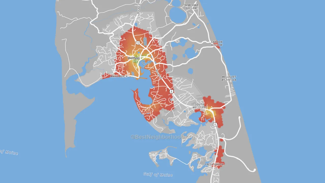 Walk Grade map of 02667, MA, walkable areas in green and car-dependent areas in red