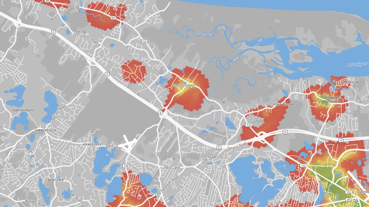 Walk Grade map of 02668, MA, walkable areas in green and car-dependent areas in red