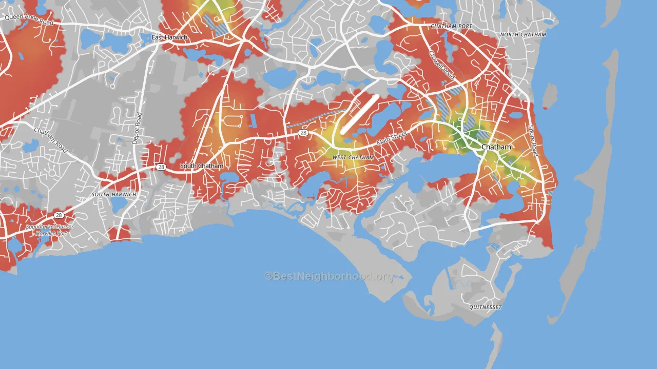 Walk Grade map of 02669, MA, walkable areas in green and car-dependent areas in red