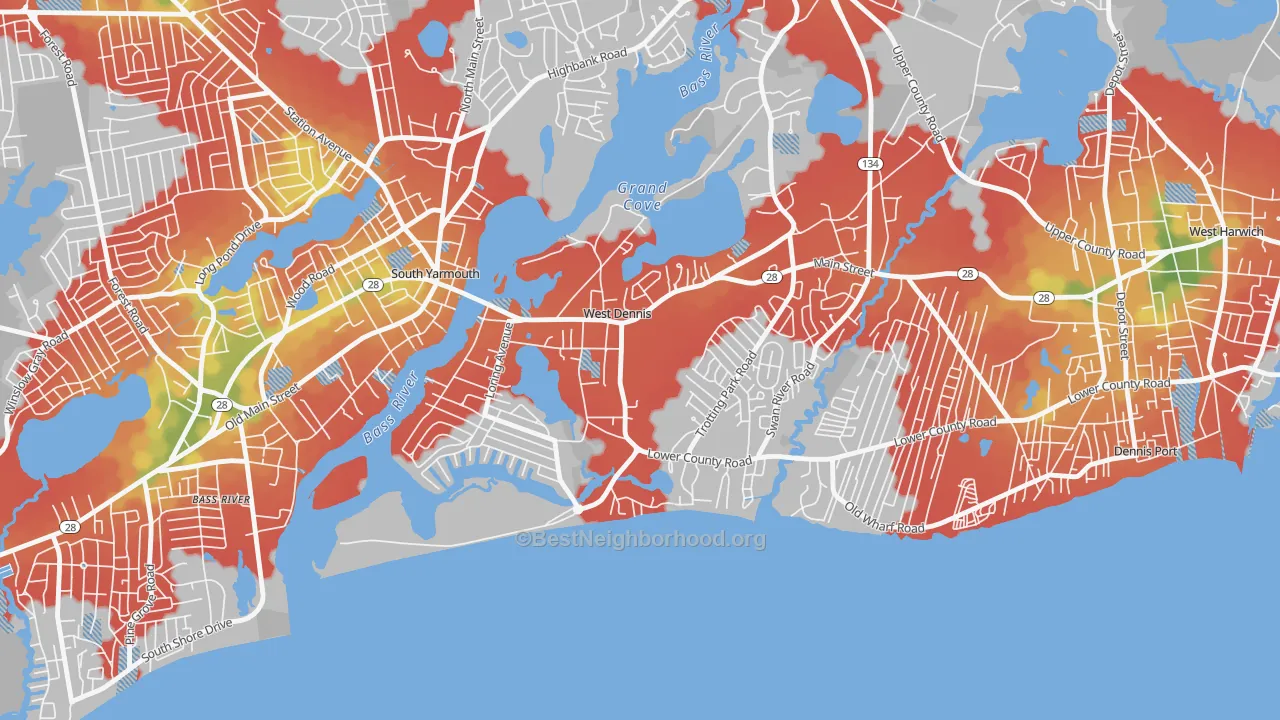 Walk Grade map of 02670, MA, walkable areas in green and car-dependent areas in red