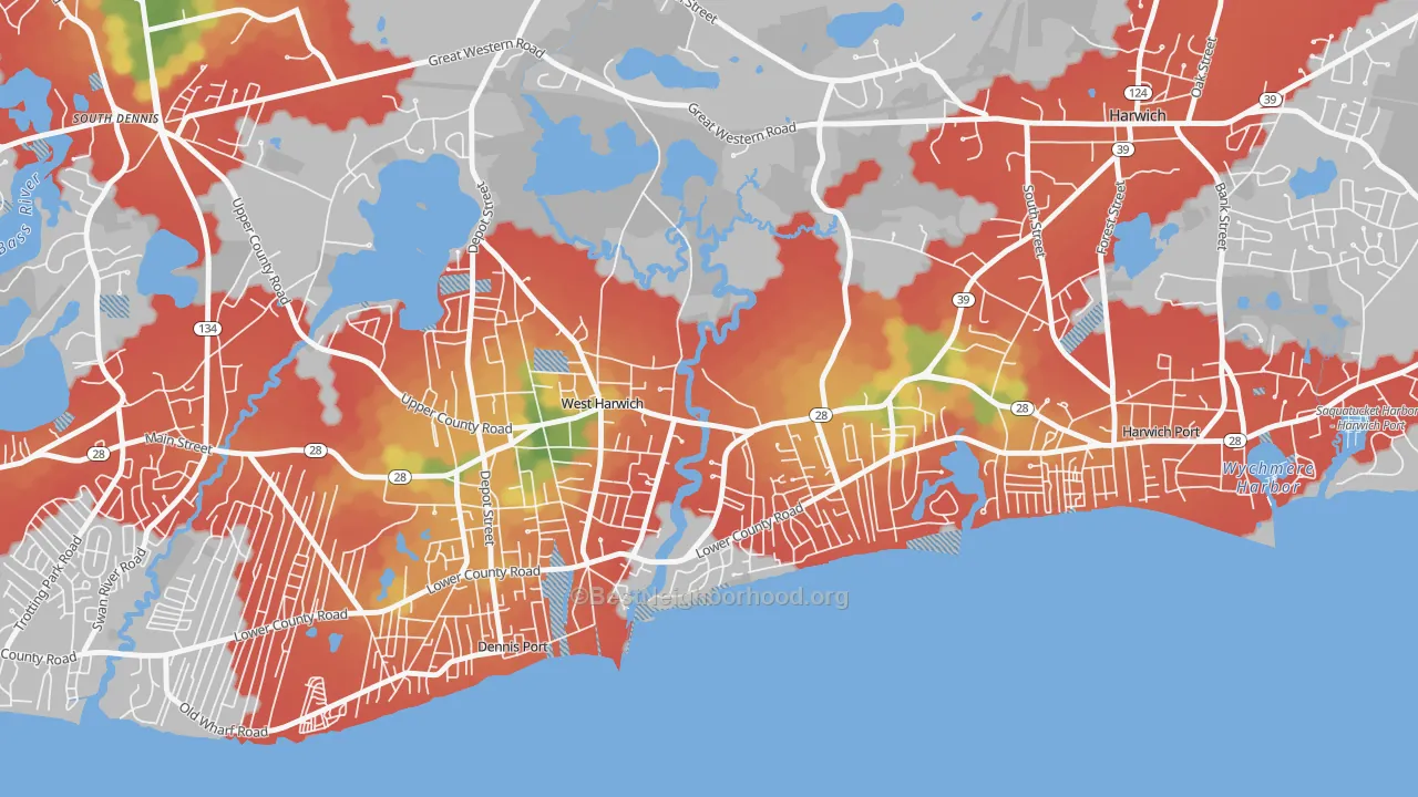 Walk Grade map of 02671, MA, walkable areas in green and car-dependent areas in red