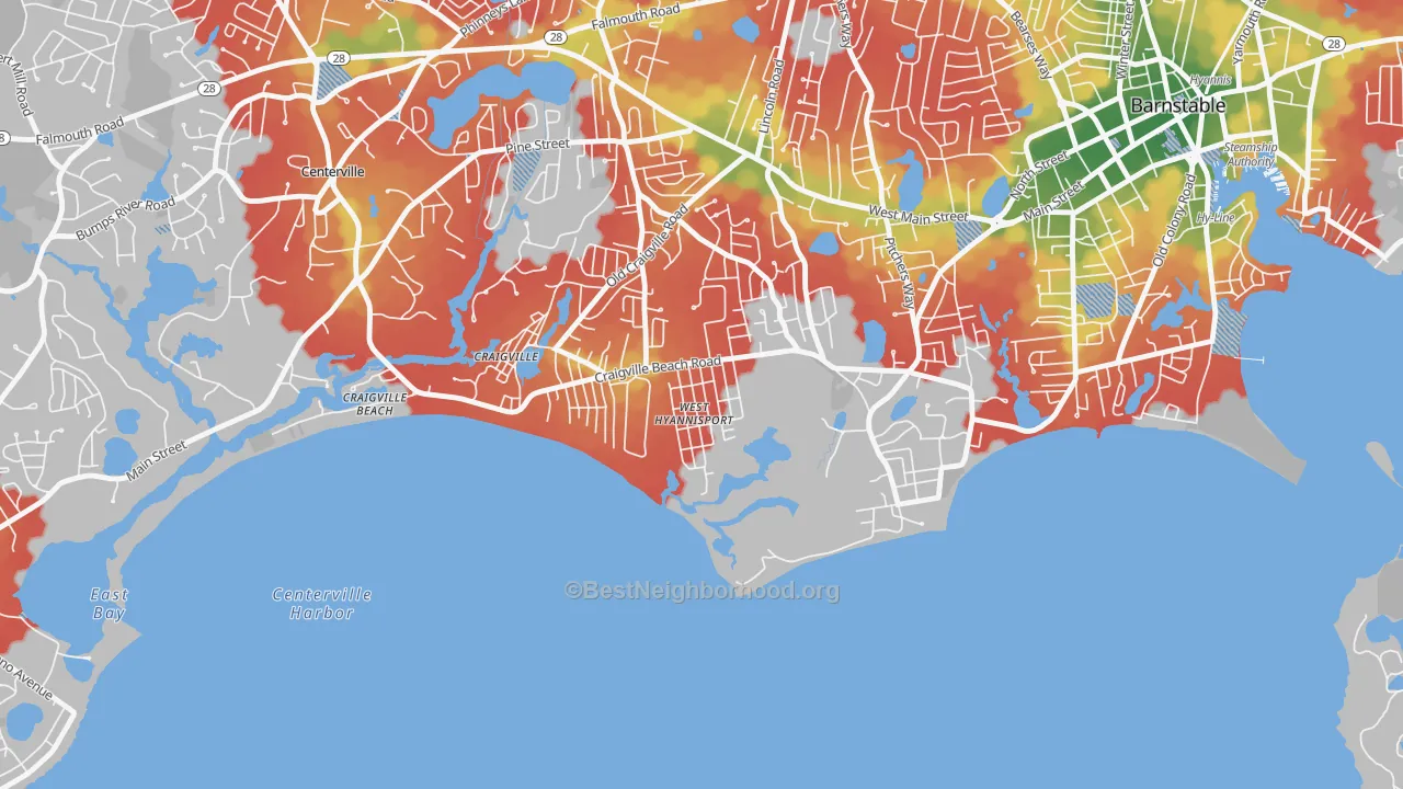 Walk Grade map of 02672, MA, walkable areas in green and car-dependent areas in red