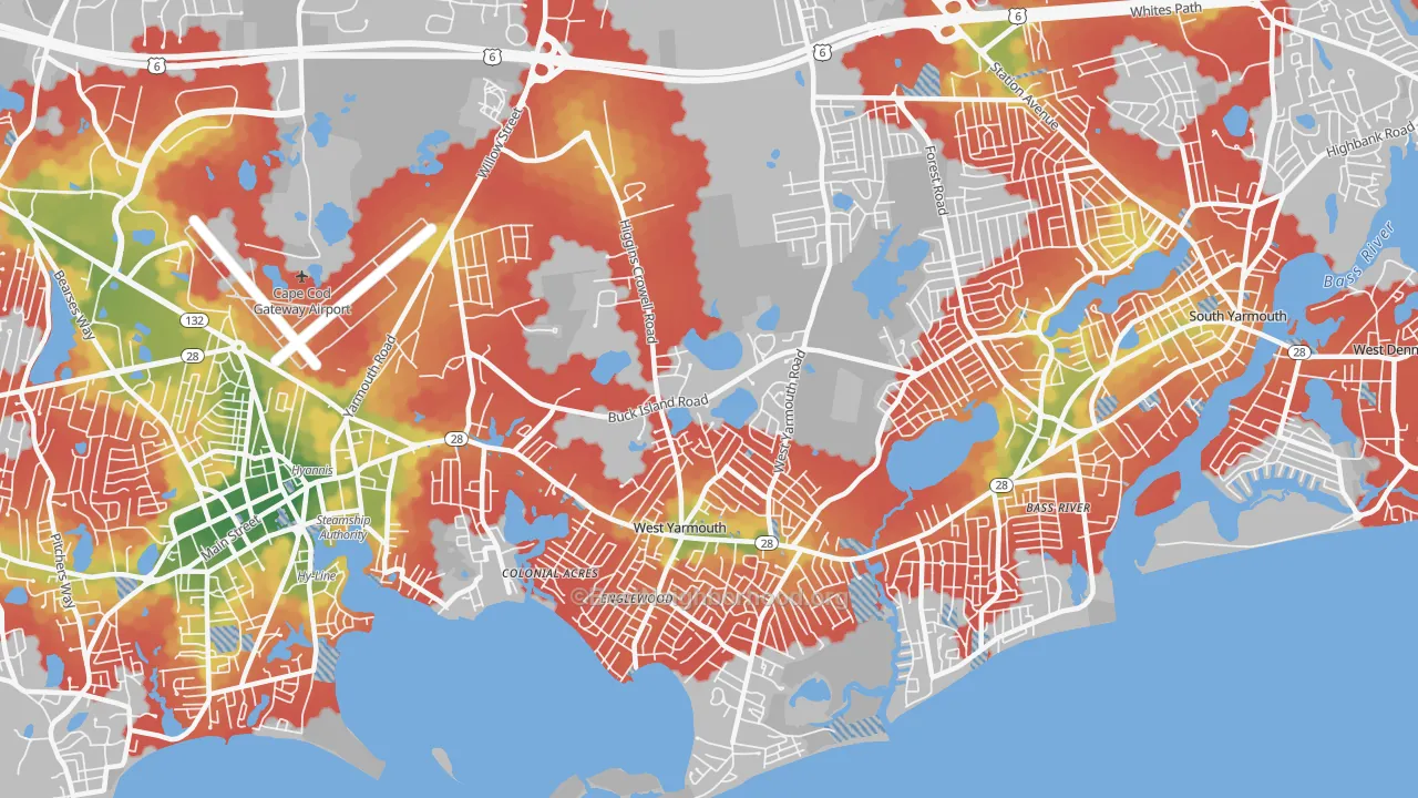 Walk Grade map of 02673, MA, walkable areas in green and car-dependent areas in red